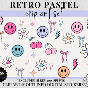 May include: A collection of retro pastel clip art elements, including smiley faces, daisies, cherries, bows, and lightning bolts. The design features a variety of pastel colors and includes the text "Retro Pastel clip art set".