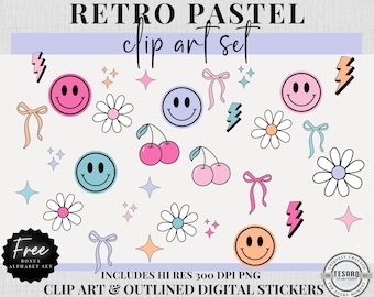 Retro Doodle Clip Art PNG Clipart / Pegatinas para planificador digital / Archivo digital de sublimación / Decoración para el aula de maestros / Cherry Daisy para Kindle