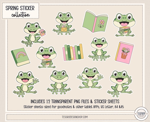Frog Sticker Set |Hoppy Reading Frog Stickers |Classroom Reward Stickers |Spring Planner Stickers |Cute Frog PNG frog Book Stickers Journal