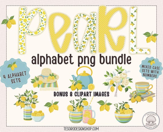 Lemon Alphabet PNG Bundle |Pearl Letter Alpha |Citrus Monogram Letters |Summer Alphabet |Lemon Clipart Bundle |Printable Pattern Alphabet