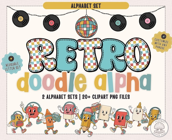 Retro Alphabet PNG Bundle| School Mascot Letter Alphabet| Sublimation Alpha Set| Cricut Printable PNG| Music Records Doodle Letters Kit