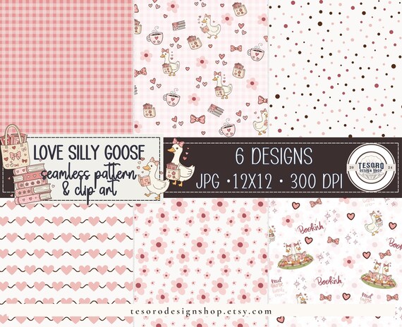 Valentine Silly Goose Clip Art Seamless Patterns Bundle| Reading Cute Animals PNG |Scrapbook Digital Paper | Pink Gingham Love Heart Sticker