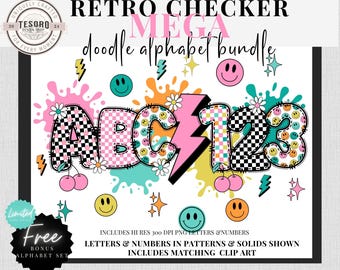 Checker Doodle Alphabet Bundle |Checker & Smiley Letters |Retro Font Clipart |Sublimination | Teacher PNG School Bulletin Board Class Decor