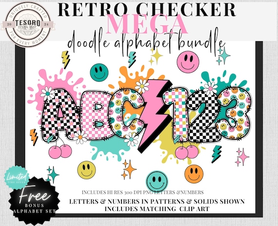 Checker Doodle Alphabet Bundle |Checker & Smiley Letters |Retro Font Clipart |Sublimination | Teacher PNG School Bulletin Board Class Decor