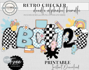Checker Doodle Alphabet PNG |Original Alphabet Bundle |Blue Black Letters Retro Clipart |Classroom Theme Bulletin Board Kit Library Display