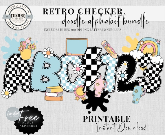Checker Doodle Alphabet PNG |Original Alphabet Bundle |Blue Black Letters Retro Clipart |Classroom Theme Bulletin Board Kit Library Display