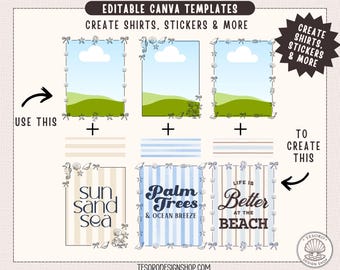 Paquete de plantillas editables de Canva para playa / Diseños de marcos costeros / Gráficos para camisetas de verano / Vacaciones de sol, arena y mar / Uso comercial para pequeñas empresas