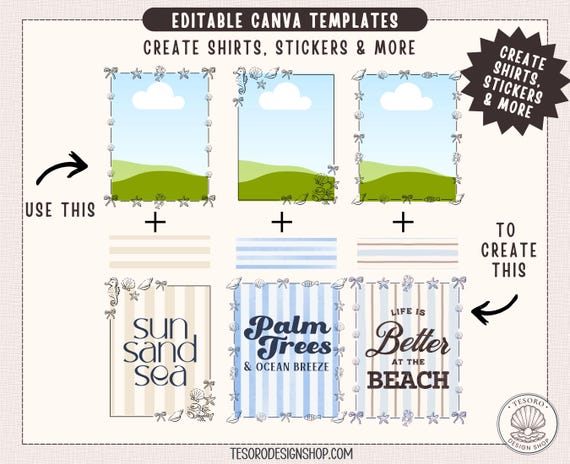 Editable Beach Canva Template Bundle |Coastal Frame Designs| Summer Shirt Graphics |Sun Sand Sea Vacation |Small Business Commercial Use