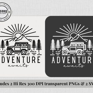 May include: Two square designs with a black and white outdoor adventure theme. Each design features a mountain, sun, trees, and a jeep with the words "ADVENTURE awaits". The designs are for PNGs and SVGs.