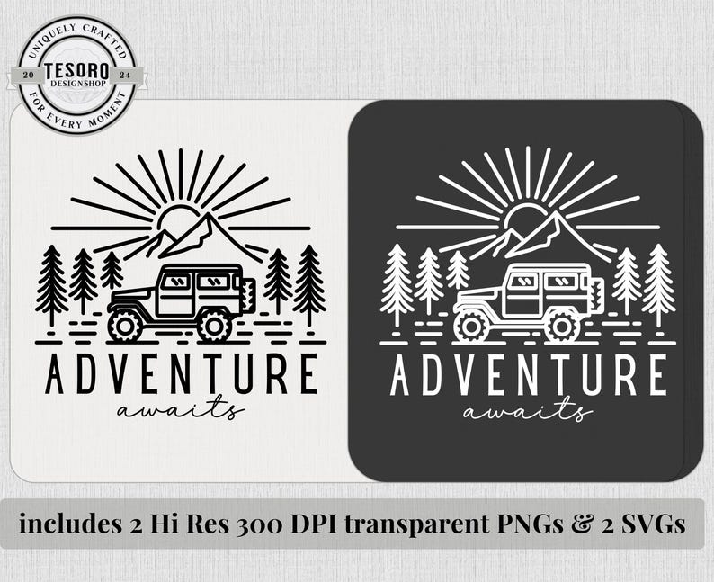 May include: Two square designs with a black and white outdoor adventure theme. Each design features a mountain, sun, trees, and a jeep with the words "ADVENTURE awaits". The designs are for PNGs and SVGs.