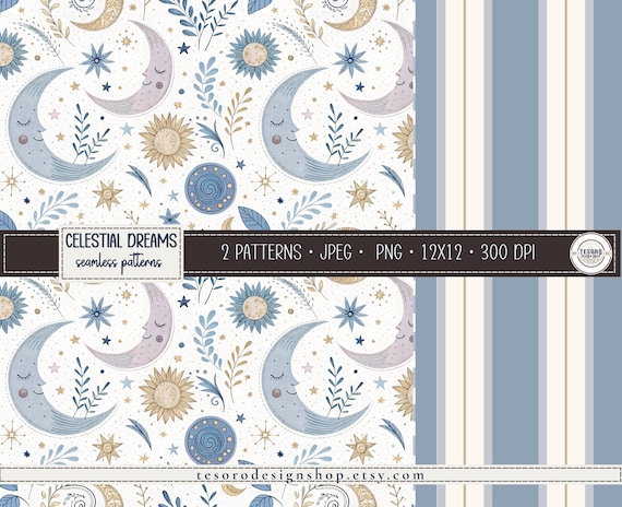 Celestial Seamless Pattern Backgrounds |Scrapbook Digital Paper PNG |Sun Moon Stars Repeating Design Set |Surface Patterns Wrapping Fabric