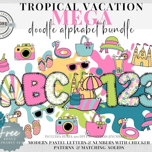 Ensemble alphabet damier Doodle | Clipart lettre d'été tropical | Sublimination | Enseignant PNG babillard scolaire police tendance vacances d'été