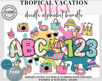 Checker doodle alfabet bundel | Tropische zomer brief clipart | Sublimatie | Leraar PNG School Bulletin Board trendy lettertype zomervakantie