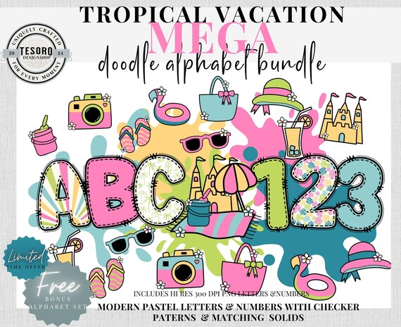Checker Doodle Alphabet Bundle |Tropical Summer Letter Clipart |Sublimination |Teacher PNG School Bulletin Board Trendy Font Summer Vacation