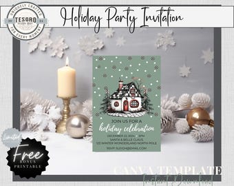 Editable Winter Holiday Party Canva Template | Snowy Cottage Invitation Christmas & Friendsmas Instant Download Digital Card