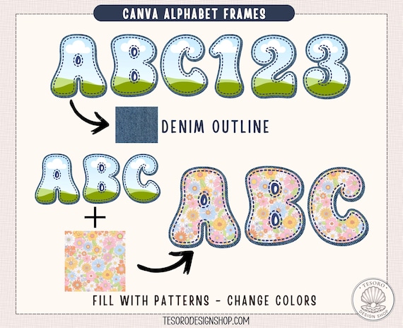 Canva Alphabet Frames Template |Denim Outline Editable Doodle Letters A–Z |Reusable Pattern Fill Alphabet |Custom Bulletin Board Letters