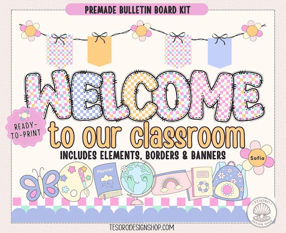Back to School Bulletin Board Printable |August Classroom Checker Alpha Decor Kit |Pastel Pattern Letter |Checker Doodle Letters PNG