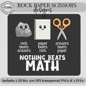 May include: A black graphic design featuring cartoon illustrations of a rock, paper, and scissors, with the text "Rock Paper Scissors Designs." Below, the text reads "Nothing Beats Math."