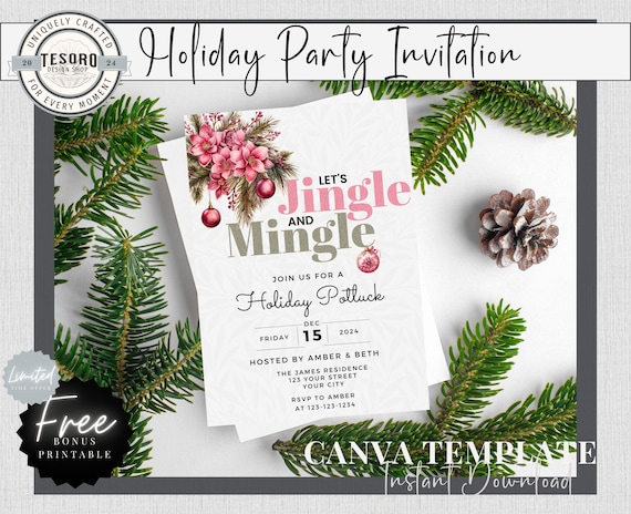 Editable Winter Pink Holiday Party Canva Template | Jingle and Mingle Invitation Christmas & Friendsmas Instant Download Digital Card Xmas