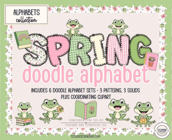 Doodle Letters PNG |Spring Frogs PNG Clipart | Reading Bulletin Board Letters for Teacher |Printable Pattern Alphabet Letters Clip Art