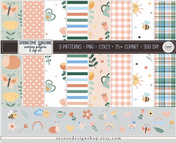 Spring Floral Digital Paper | Floral Clip Art & Patterns Bundle | Spring Garden Graphics | Cute Spring Backgrounds |Scrapbook Craft Patterns