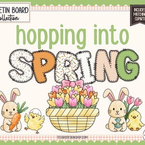 Peut inclure: Illustration numérique pour un tableau d'affichage avec l'inscription "hopping into SPRING". L'image comprend des lapins, des poussins et un panier de tulipes, idéal pour la décoration printanière. Comprend des cliparts assortis.