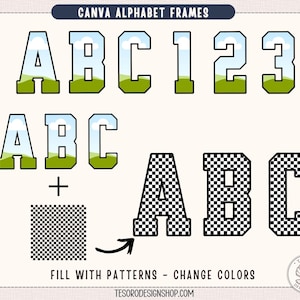 Peut inclure: Cadres d'alphabet numériques de style universitaire, avec les lettres ABC et les chiffres 123. Les lettres ont un remplissage de paysage vert et bleu, avec un contour noir. L'image montre également comment remplir les lettres avec des motifs et changer les couleurs.