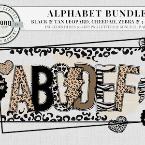 Animal Print doodle alfabet bundel PNG luipaard cheetah zebra letters clipart leraar bulletin digitaal bestand illustraties voor sublimatie ambachten