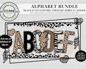Animal Print Doodle Alphabet Bundle PNG  Leopard Cheetah Zebra Letters Clipart Teacher Bulletin Digital File Clip Art for Sublimation Crafts