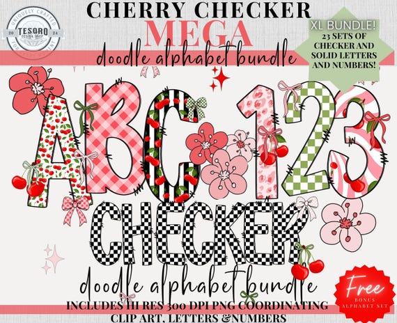 Cherry Alphabet Bundle PNG • Gingham Checker Letters Numbers • XL Doodle Clip Art Set • Bow Sparkle Cherries Teacher Class Decor Font