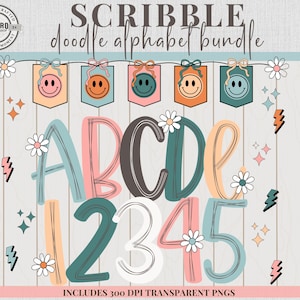 Peut inclure: Un ensemble d'art numérique avec un alphabet et des chiffres de gribouillis colorés. La conception comprend les lettres A à E et les chiffres 1 à 5, décorés de marguerites et d'éclairs. L'image comprend également des bannières avec des visages souriants.