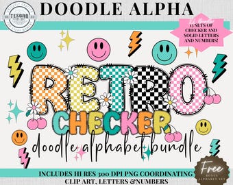 Checker Doodle Alphabet Bundle |Checker Retro Font Letters & Clipart |Teacher PNG School Bulletin Board Class Decor |Printable Sublimination