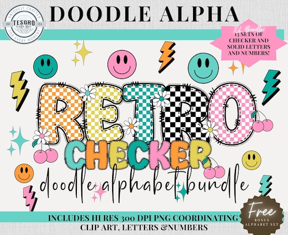 Checker Doodle Alphabet Bundle |Checker Retro Font Letters & Clipart |Teacher PNG School Bulletin Board Class Decor |Printable Sublimination