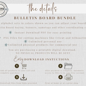 Puede incluir: Imagen de descarga digital para un "Bulletin Board Bundle" con instrucciones. Incluye conjuntos de alfabetos, im&aacute;genes predise&ntilde;adas y archivos PNG para m&aacute;quinas de corte. La imagen tiene una paleta de colores neutros y un fondo texturizado.