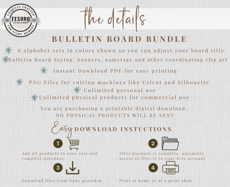 Puede incluir: Imagen de descarga digital para un "Bulletin Board Bundle" con instrucciones. Incluye conjuntos de alfabetos, im&aacute;genes predise&ntilde;adas y archivos PNG para m&aacute;quinas de corte. La imagen tiene una paleta de colores neutros y un fondo texturizado.