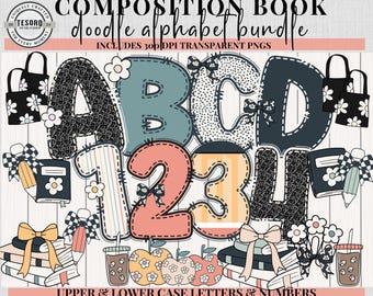 Doodle alphabet PNG Bundle Composition Book |Teacher Classroom Decor| Bulletin Board A-Z  Clipart | Cricut,Sublimation, POD School Clip Art