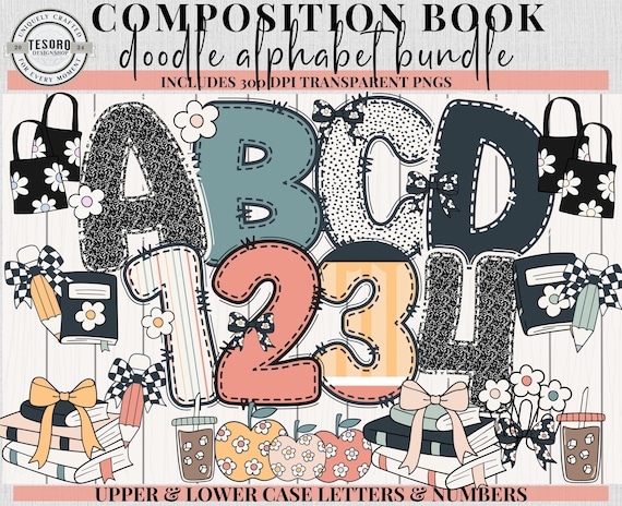 Doodle alphabet PNG Bundle Composition Book |Teacher Classroom Decor| Bulletin Board A-Z  Clipart | Cricut,Sublimation, POD School Clip Art