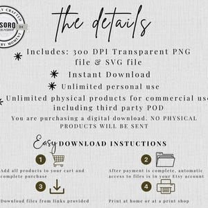 May include: Cream-colored digital download details page with the text "the details." Includes information about the digital download, such as file types, usage rights, and download instructions. A circular logo is in the upper left corner.
