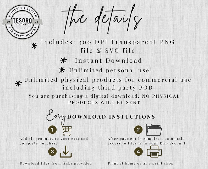 May include: Cream-colored digital download details page with the text "the details." Includes information about the digital download, such as file types, usage rights, and download instructions. A circular logo is in the upper left corner.