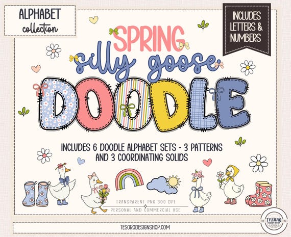 Doodle Alphabet PNG Bundle Printable Letters Spring Goose Clip Art Set |Small Business Cricut Alphabet | Printable Sublimation Display Decor