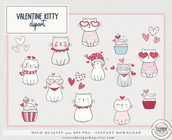 Valentine Cat Clip Art Set | Cute Kitty Transparent 300 DPI PNG |Cute Kitty Digital Clipart Bundle |Planner Stickers Crafts Sublimation POD