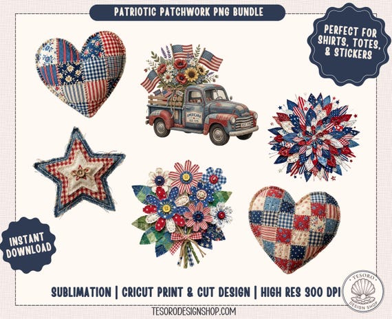 Patriotic PNG Bundle |Americana Patchwork Sublimation Bundle |Independence Vintage Quilt PNG Collection |Fourth of July |Rustic Americana