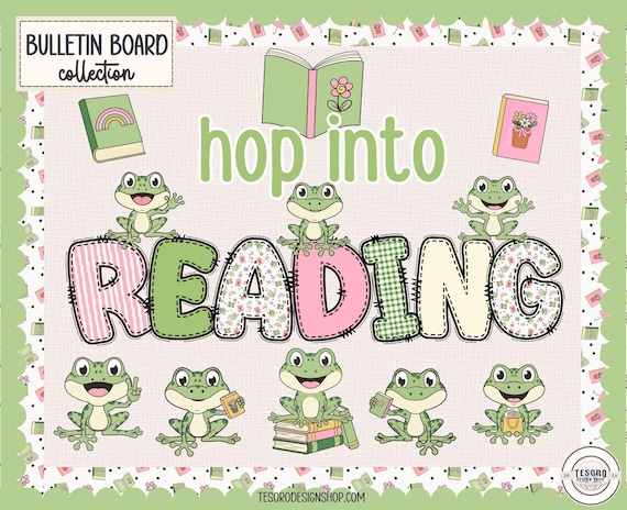 Spring Reading Bulletin Board |Hop Into Reading Frog Classroom Door Decor |Library Youth Display |Teacher Doodle Alphabet Letters PNG Bundle