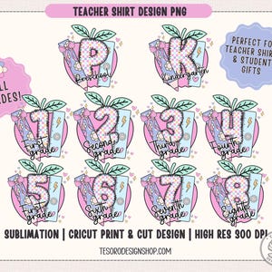 Paquete de imágenes PNG de camisetas por nivel escolar / Preescolar, Jardín de Infantes, Primero, Segundo, Tercero, Cuarto, Quinto Grado / Regalo para el equipo docente / Primer día de regreso a clases