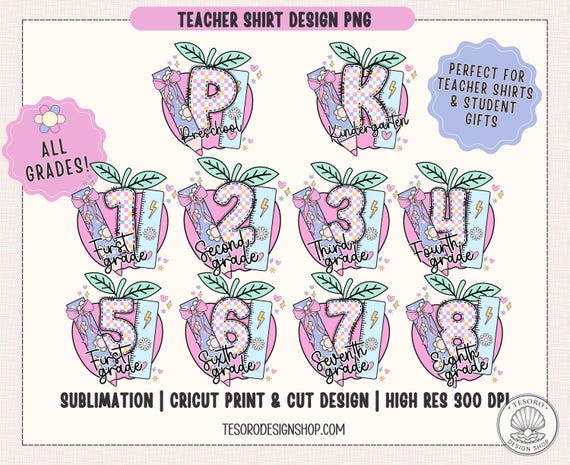 Grade Level Shirt PNG Bundle |Preschool Kindergarten First Second Third Fourth Fifth Grade |Gift for Teacher Team |1st day Back to School