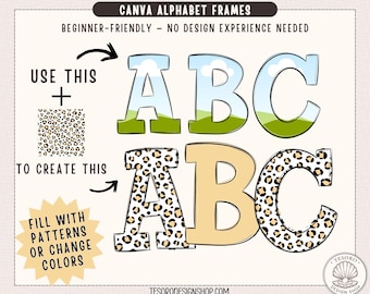 Canva Pattern Alphabet Frames Template |Editable Fillable Letters A-Z | Custom Doodle Alphabet Canva Bulletin Board Pattern Fill Text Frame
