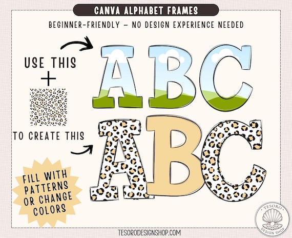 Canva Pattern Alphabet Frames Template |Editable Fillable Letters A-Z | Custom Doodle Alphabet Canva Bulletin Board Pattern Fill Text Frame