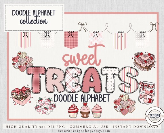 Valentine Sweet Doodle Alphabet Bundle PNG |February Planner Bulletin Board Kit Letters |Pink Heart Bow Sublimination Craft |Classroom Decor