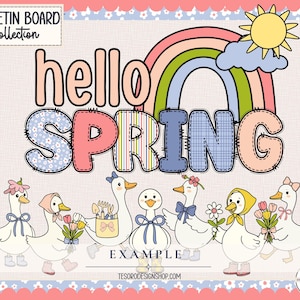 May include: A colorful illustration with the words "hello SPRING" above a row of cartoon geese. The design includes a rainbow, sun, and clouds, with a decorative border. The geese are holding flowers and gardening tools.
