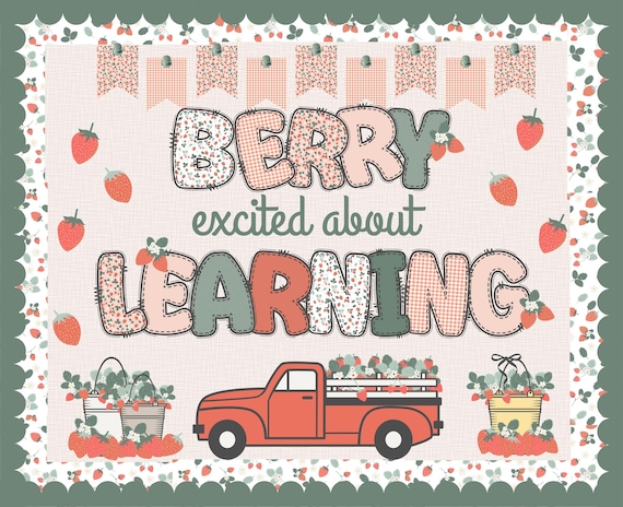Spring Bulletin Board |Berry Flowers Classroom Decor |Strawberry Flower Display for Teachers | Doodle Alphabet Letters PNG